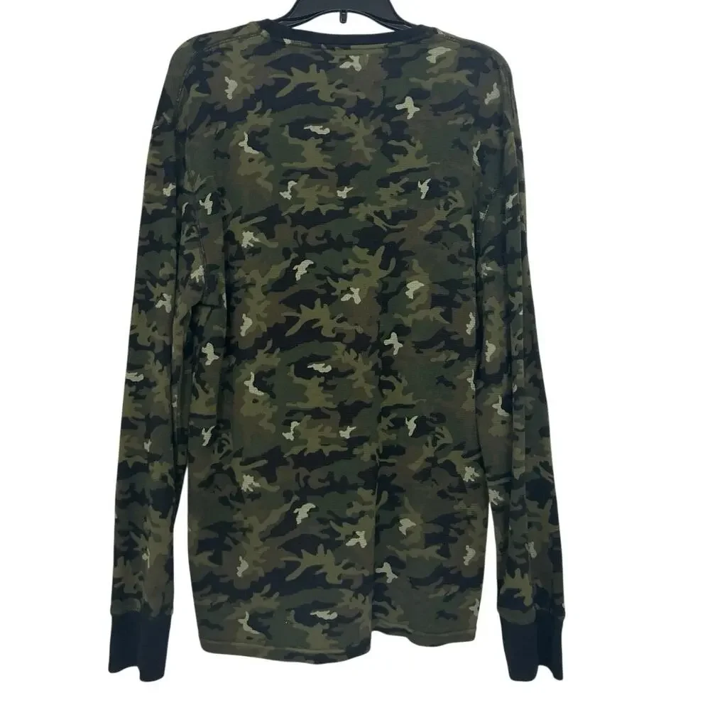 Polo Ralph Lauren Fitted Camo Waffle Knit Thermal Shirt XL Y2K Grunge Streetwear